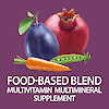 A graphic image of an egg plant, pomegranate, carrot and pea pod with the words food-based blend multivitamin multimineral supplement