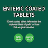 A graphic icon with the words enteric coated tablets help reduce the unpleasant taste of garlic for those that are garlic sensitive, non-GMO and gluten free.