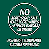 A graphic icon with the words no added sugar, salt, yeast, preservatives artificial flavors or colors, non-GMO, gluten free or suitable for vegans.