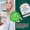 A woman holding bottle of 21st Century Lion's Mane 2100 mg Plus Black Pepper Extract vegetarian capsules on the left, another bottle and lions mane capsules on the right and the words your natural wellness ally.