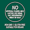 A graphic icon with the words no added sugar, yeast, preservatives or artificial flavors, non-GMO, gluten free and suitable for vegans.