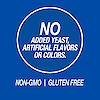 A graphic icon with the words no added yeast, artificial flavor or colors, non-GMO and gluten free.