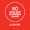 A graphic icon with the words no added yeast or artificial flavors and gluten free.