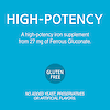 A graphic image with the words high-potency iron supplement from 27 mg for ferrous gluconate, gluten free and no added yeast, preservatives or artificial flavors.