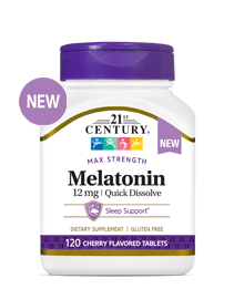 A bottle of 21st Century Melatonin 12 mg max strength quick dissolve tablets.