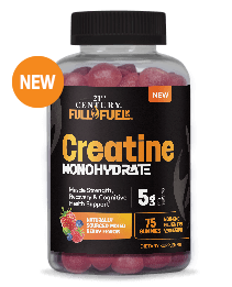A bottle of 21st century full fuel 365 creatine 5 g berry flavored gummies.
