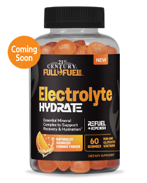 A bottle of 21st Century Full Fuel 365 Electrolyte Hydrate gummies.