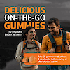 A happy woman and man smiling at each other while hiking wearing backpacks, two electrolyte gummies and the words delicious on the go gummies to hydrate every activity, and take two gummies with at least 8 ounces of water before, during or after physical activity.