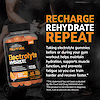 A bottle of 21st Century Full Fuel 365 Electrolyte Hydrate gummies with a man in the gym with chalk in his hands and kettle bells on the floor in the background and the words recharge, rehydrate repeat and claim taking electrolyte gummies before or during your gym workout helps maintain hydration, supports muscle function, and prevents fatigue so you can train harder and recover faster.