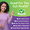 A woman smiling and pointing to the claim good for your gut health, a quality seal and the nutrition claims no artificial flavors, no artificial sweeteners, no milk, soy, wheat or yeast, non-gmo and gluten free, pectin-based and vegan friendly.