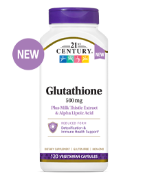A bottle of 21st Century Glutathione 500 mg plus Milk Thistle Extract & Alpha Lipoic Acid