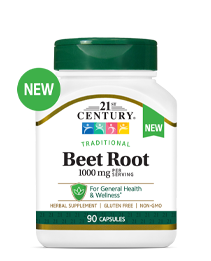 A bottle of 21st century beet root 1000mg per serving capsules.