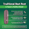 An image of a beet root capsule with the claims traditional beet root to support a healthy lifestyle, health-conscious professionals for those with demanding schedules who still prioritize wellness, our beet root capsules offer convenient support on-the-go, fitness enthusiasts and athletes, whether you're training for a marathon or simply enjoying your daily hike, try beet root for added support, and active seniors, get antioxidant support daily with the natural health benefits of beet root.