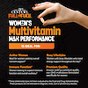 An image of a woman's hand holding a multivitamin tablet, the copy women's multivitamin max performance is ideal for, and claims active women, ideal for women seeking overall nutrient support, immune function, women looking to support immune function and overall wellness, busy lifestyles, women with busy lifestyles who need energy support throughout the day, and premium quality, anyone seeking a premium quality, non-gmo multivitamin formulated specifically for women.
