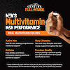An image of a man's hand holding a multivitamin tablet, the copy men's multivitamin max performance, ideal multivitamin for men, and the claims active men ideal for men seeking comprehensive nutritional support, athletes male athletes and fitness enthusiasts requiring additional nutritional support, busy lifestyles, men with busy lifestyles who need energy support throughout the day, and premium quality, anyone seeking a premium quality, non-gmo multivitamin formulated specifically for men.
