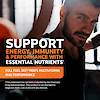 A close up image of a man at a gym with the claim support energy, immunity and performance with essential nutrients and the copy full fuel 365 men's multivitamin max performance.