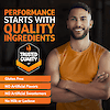 An image of an athletic man in a cutoff shirt with his hands crossed, the copy performance starts with quality ingredients, an image of a trusted quality seal, and the nutritional claims gluten free, no artificial flavors, no artificial sweeteners, no milk or lactose.