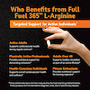 An image a woman's hand holding an l-arginine tablet and the claims who benefits from full fuel 365 l-arginine, targeted support for active individuals, active adults, supports cardiovascular health during regular exercise, physically active professionals, provides nutritional support for demanding schedules, health-conscious individuals, supports overall cardiovascular health and wellness, adults over 40, supports healthy circulation as par of an active lifestyle, and fitness enthusiasts, provides nutritional support for training regimens.