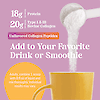 An image of a scoop of collage peptide powder being poured into a yellow coffee cup and copy that states 18g protein per serving, 20g type 1 and 3 bovine collagen per serving, unflavored collage peptides, add to your favorite drink or smoothie and the product directions.