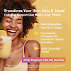 An image of a happy, glowing black woman in a yellow tank top holding a glass of juice mixed with collagen peptides and claims, transform your hair, skin and joints, collagen support that works from within, highly bioavailable type 1 and 3, enzymatically hydrolyzed into peptides for optimal absorption, easily dissolved powder, and daily regimen with big results.