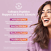 An image of a happy woman with a large smile, the copy kalos & spendor collagen peptides support for every lifestyle and the claims morning glow-up ritual, start your day by adding a scoop to your morning coffee or smoothie to support overall wellness, beauty from within boost, incorporate into your daily beauty routine to promote radiant skin, stronger nails, and healthier hair, fitness recovery champion, add to your post-workout shake to support recovery and joint health after physical activity, secret kitchen ingredient, easily mix into recipes without affecting taste while adding nutritional benefits.