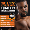 An image of an athletic man without a shirt, a quality seal, the copy wellness starts with quality ingredients, and nutrient claims non-gmo, gluten free, vegan, no artificial colors, no artificial flavors, no milk, soy, wheat or yeast.