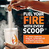 A close up image of a man pouring a scoop of full fuel 365 creatine monohydrate into a shaker cup, the claim fuel your first with every scoop and the product directions.