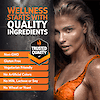 An image of an attractive woman in a tank top with her head against a wall, a quality seal, the copy wellness stars with quality ingredients and the nutrient claims non-gmo, gluten free, vegetarian friendly, no artificial colors, no milk, lactose or soy, no wheat or yeast.