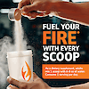 A close up image of a woman's hands, pouring a scoop of full fuel 365 pre-workout into a shaker cup, the claim fuel your fire with every scoop and the product directions.