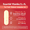 An image of a D3 125mcg plus K2 100mcg capsule, the copy essential vitamins d3 + k2, your daily wellness companion for, and the claims vitamin d3 plus k2, strong bones, teeth and cardiovascular health, vitamin d3 125 mcg 5000 IU, and vitamin k2 mk-7 100 mcg