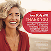 An image of a blonde hair woman smiling and the claim, your body will thank you, having the right amount of vitamin d3 + k2 is important for building and keeping strong bones, teeth, and cardiovascular health.
