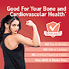 An image of a woman with her back turned and flexing her bicep with the claim good for your bone and cardiovascular health, and nutrition claims no soy or wheat, no milk or lactose, no artificial flavors or colors, and non-gmo and gluten free.