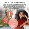 An image of an African American woman smiling with her elbow on a counter, d3 + k2 product directions, and the copy take charge of your wellness by supporting a healthy lifestyle, and take your d3 + k2 at the same time every day to establish a healthy routine.