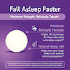 An image of a melatonin tablet, the copy fall asleep faster, maximum strength melatonin tablets and the claims maximum strength formula, higher 10 mg dosage for those who need extra sleep support, and natural sleep aid, helps reset your sleep wake cycle without morning grogginess.