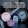 An image of a woman with an eye mask laying in bed sleeping, and alarm clock, melatonin 10 mg quick dissolve tablet directions for use and the statements take your melatonin at the same time every night to establish a healthy routine, and take charge of your wellness by supporting a healthy lifestyle.