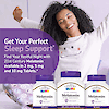 An image of a black women sitting in bed stretching her arms up, a bottle of melatonin 5 mg, melatonin 3 mg and melatonin 10 mg quick dissolve tablets, and the claims get your perfect sleep support, and find your restful night with 21st century melatonin available in 3 mg, 5 mg and 10 mg tablets.